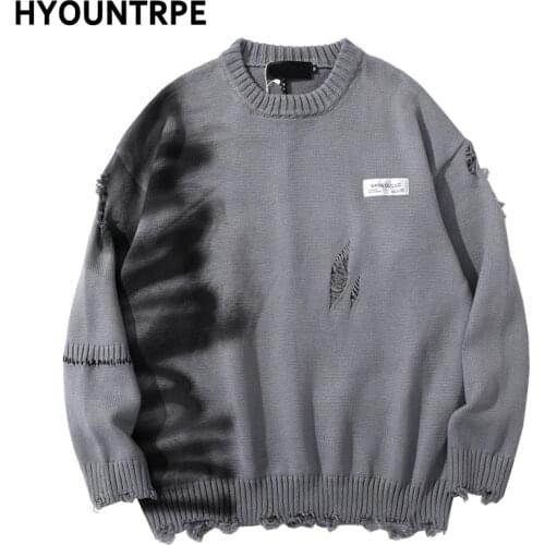 Mens Hip Hop Destroy Ripped Holes Streetwear Graffiti Harajuku Sweater Vintage Retro Knitted Sweater New Casual Cotton Pullover