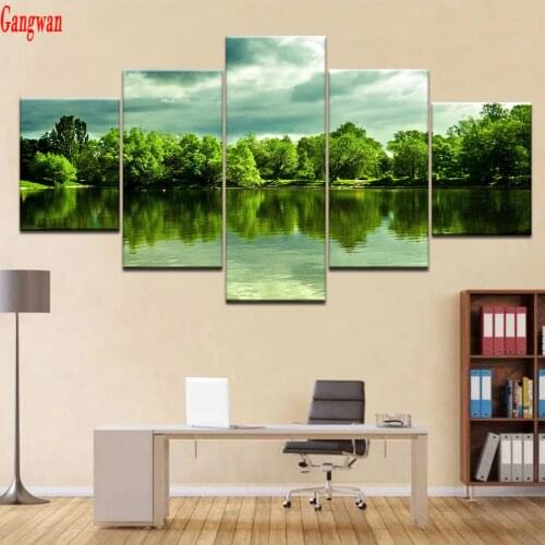 5 pcs Full Drill 5D DIY Diamond Painting Green trees green lake landscape Embroidery diamant Cross Stitch 5D mosaic Home Decor