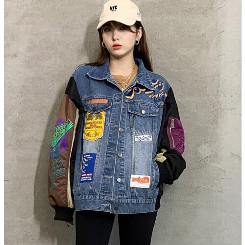 New Autumn Harajuku Letters Print Washed Black Jeans jacket Hip-hop style Loose Oversized Couple Jean jacket Streetwear