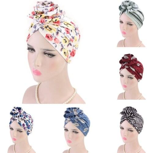 Muslim Women Hat Retro Night Sleep Cap Hair Loss Cancer Patient chemo Knot Bandanas Scarf Wrap Cap Floral Print Accessories