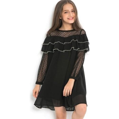 Girls Chiffon Dresses New 2020 Spring Summer Loose Black Dress Teenage Girl Clothing Fashion Kids Dress DT049