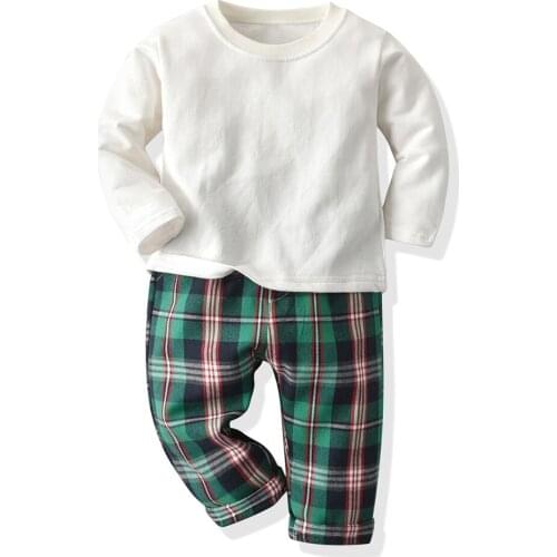 Tem Doger Baby Boy Clothing Sets Cotton Long Sleeve White Tshirt Tops+Plaid Trousers 2Pcs Suit Casual Outfits Tracksuit Bebes