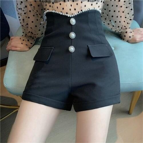 Autumn 2020 new fashion all-match womens casual high-waisted wide-leg pants 3 buttons irregular beading waist shorts