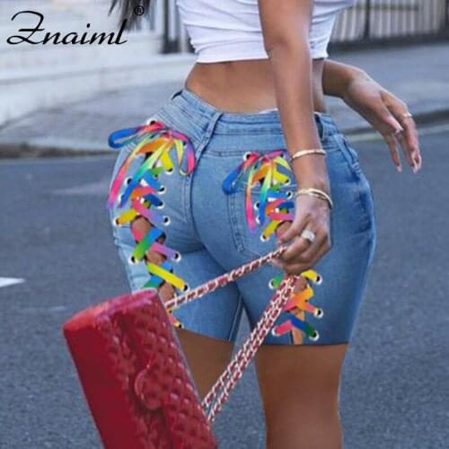 Znaiml Vintage Blue Denim Shorts Women Sexy Hip Colour Lace Up Casual Pocket Jeans Shorts 2021 Summer Girl High Waist Hot Shorts
