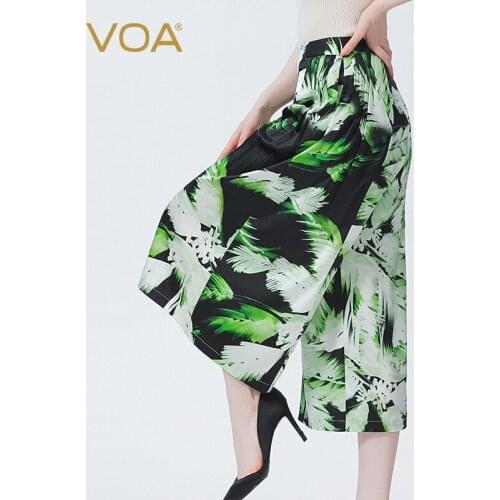 VOA Silk Elastic Satin Natural Waist Printed Fold Loose Breathable Diagonal Pocket Ladylike Wide-leg Pants KE553