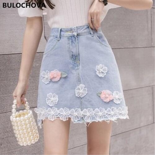 BULOCHOVA Women Fashion Lace Floral Package Hip Slim Denim Skirt 2021 Newest Summer Students High Waist A Line Mini Skirts XXL