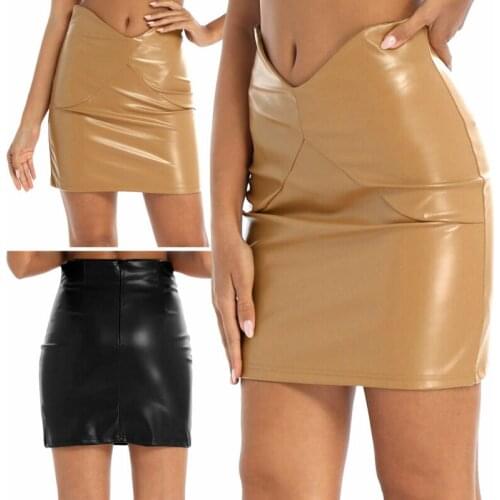 Womens Classic High Waist Sexy Slim Mini Pencil Back Zipper PU Leather Skirts