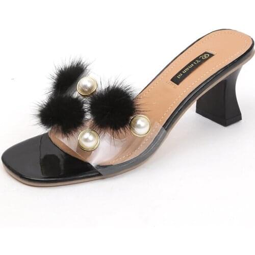 Pearl Hair Ball One Word Drag Women Fashion Slippers 2018 Summer New High-heeled Sandals And Slippers