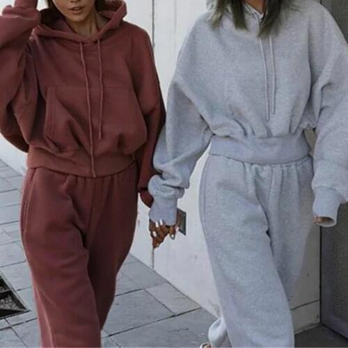Womens Hoodie Tracksuit Solid Oversize Casual Female Hooded Set Long Sleeve Drawstring Crop Top High Waist Pants 2021 Spring