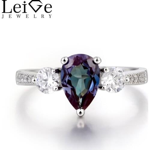 Leige Jewelry Engagement Ring Lab Alexandrite Ring June Birthstone Water Drop Pear Cut Gemstone 925 Sterling Silver Ring Gifts