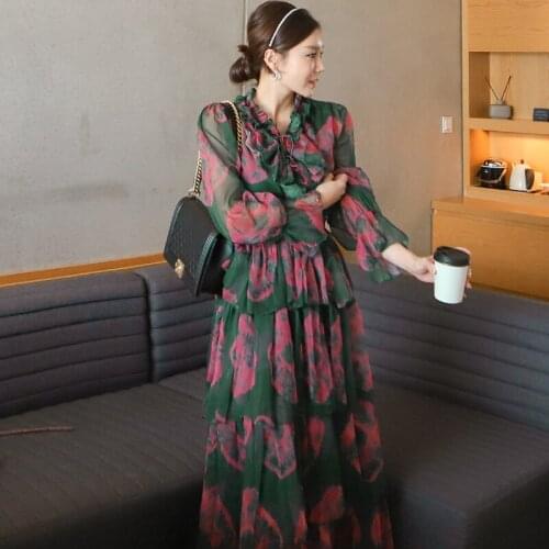 2021 New Summer Korean Long Dresses Ruffled Chiffon Print Cake Dress Lady Evening Party Sexy Beach Holiday Vestidos