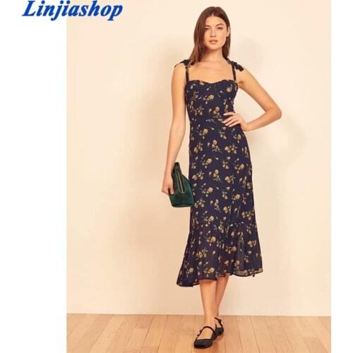 Vintage Prairie Chic Floral Print Sexy Sling Dress Women Sweet Ruffle Sleeveless A-line Summer Dress Elegant Party Robe