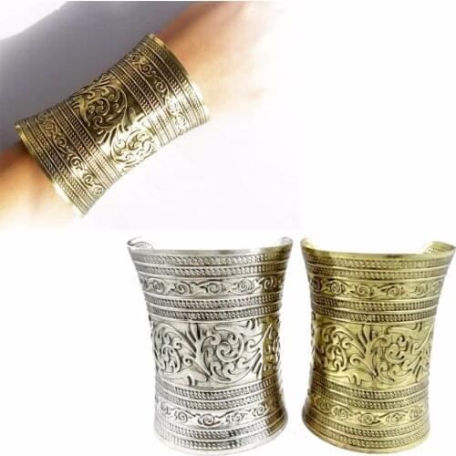 1Pcs Vintage Tribal Retro Silver Bronze Pulseira Carving Flower Wide Chain C Shape Indian Bangle Cuff Opened Tibetan Punk Style