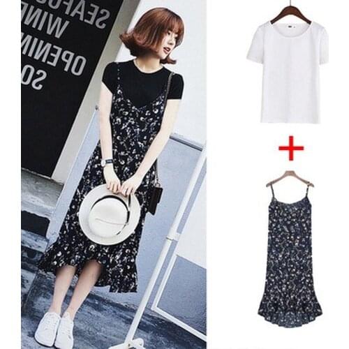2pc/1set Korean Version of The Spring and Summer New Womens Ruffled Mid-length V-neck Floral Sling Dress Two-piece Suit