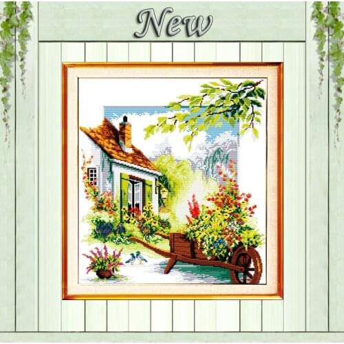 Flower car,Pattern Printed on fabric DMC 11CT 14CT Cross Stitch kits,needlework Set embroidering,Flowers house Series Home Decor