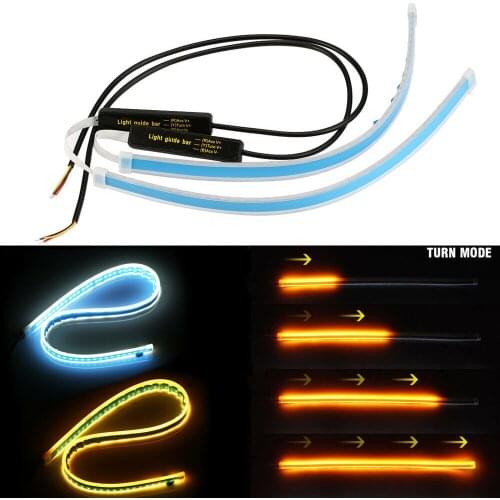 2pcs Car lights 30 45 60cm Daytime Running Light Flexible Soft Tube Guide LED Strip White Turn signal Yellow running lights 12V