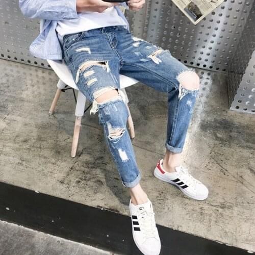 Summer 2020 Fashion Casual hip hop denim big hole thin slim feet jeans men Korean trendy wild hole mens loose beggar pants