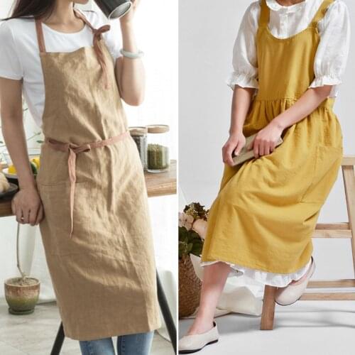 Nordic Plain Color Apron Natrual Comfortable Linen Cotton Women Bibs Cooking Baking Coffee Shop Clean Aprons Kitchen Accessories
