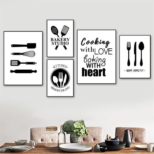 Cooking With Love Kitchen Quotes Canvas Painting Black And White Prints Kitchenware Wall Art Poster Pictures Dining Room Decor