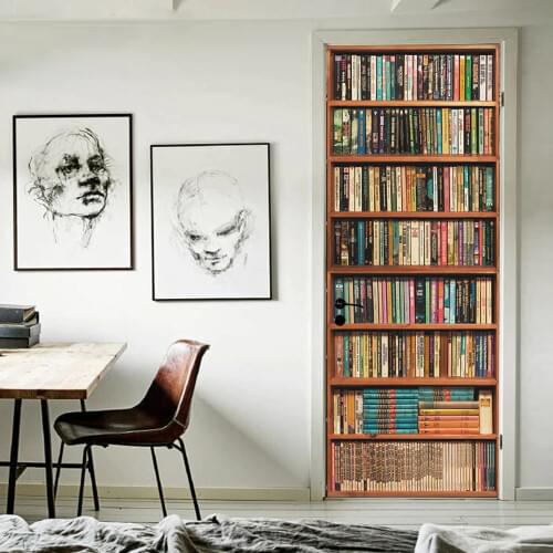 Bookshelf 3D Stereo Door Sticker Removable Waterproof Self Adhesive Wall Sticker Bedroom Living Room DIY Wallpaper