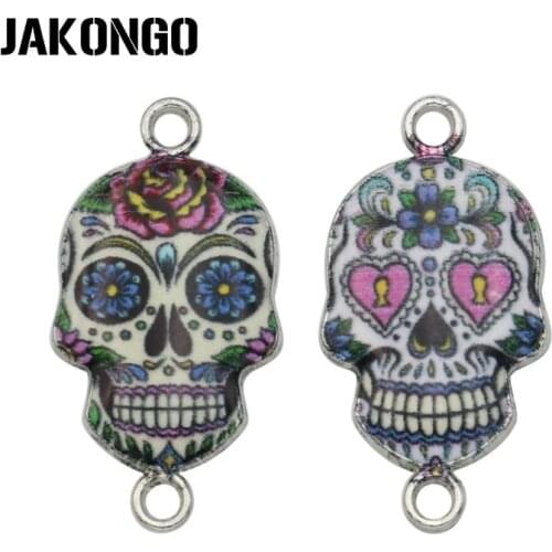 JAKONGO Silver Color Enamel Flower Skull Connector for Jewelry Making Earrings Accessories Findings DIY 26x14mm 6pcs/lot