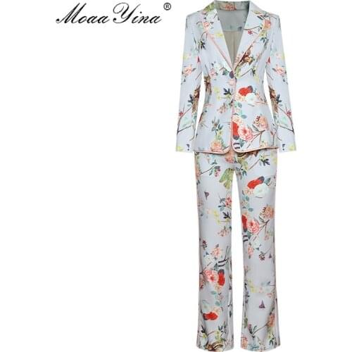 MoaaYina Fashion Designer Suit Spring Women Long sleeve Single Button Suit Tops+Floral Print Pocket trousers Two-piece set