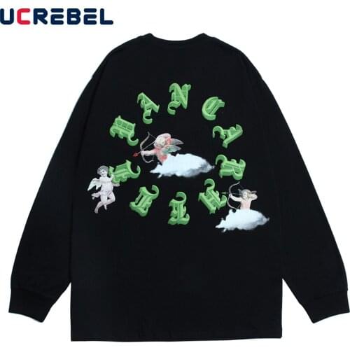 Angel Print Long Sleeve T-shirt Mens Autumn Streetwea Crew Neck Cotton Tee High Street Casual Loose T Shirt Men