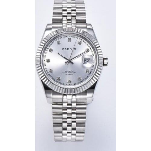 Fully silver 39mm parnis white Diamond dial sapphire glass date display automatic movement men‘s wristwatch jubilee bracelet
