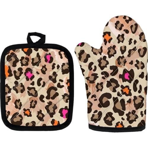 Leopard Printed Microwave Glove Potholder Gloves Mitts Kitchen Anti-Hot Gloves for BBQ Insulation Gloves Hot Oven Mitts Baking