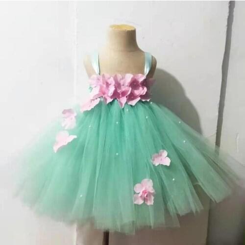 Greed Hydrangea Wedding Flower Girl Dress Kids O-neck Sleeveless Christmas Dress Robe Princess Fluffy Girls Birthday Tutu Dress