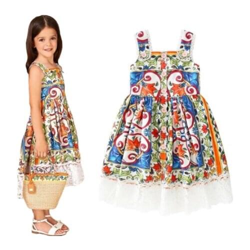XINBAO 4T-9T Girls Princess Dress Summer Baby Lace Sling Dress Characteristic Printing Fashion Clothes Kids Party Dresses