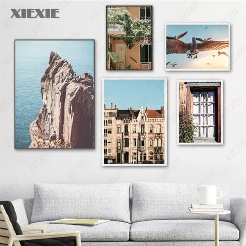 Seaside Town Building Plants Canvas Painting Cliff Seagull Posters Prints Sea Landscape Modern Wall Art Picture Home Decoration