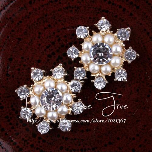 50pcs/lot 23MM 2 Color Clear Rhinestone Button For Children Headwear/Brooches Metal Octagon Cute Pearl Butons For Wedding Crown