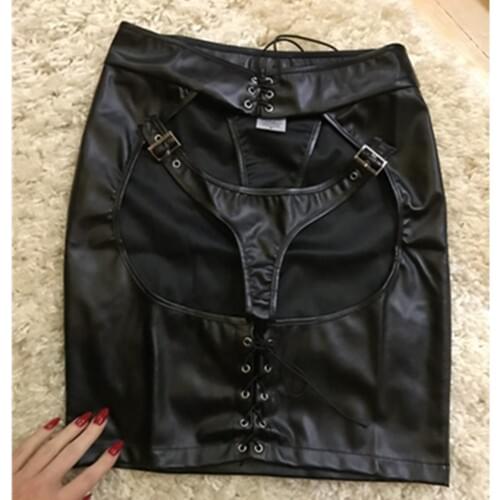Hot Sexy Women PU Leather Mooning Spanking Skirt with Thong Fetish Erotic Mini Skirt for Night Clubwear Game Wear