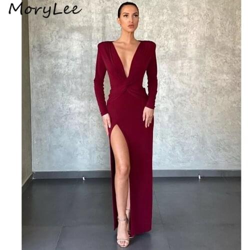 Long Sleeves Evening Dresses V-Neck Side Slit Zipper Back Floor Length Silk Satin Evening Dresses vestidos de fiesta de noche