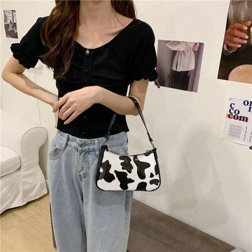Vintage harajuku PU leather baguette bag kawaii cute sweet cow pattern spot handbag mini underarm bag axillary pouch
