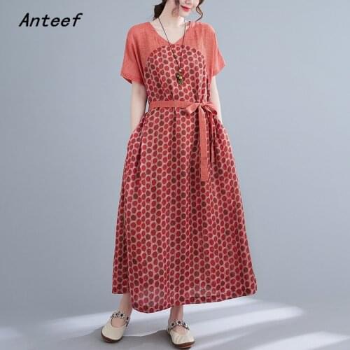 Short sleeve cotton vintage Polka Dot dresses for woman casual loose long woman summer dress elegant clothes 2021