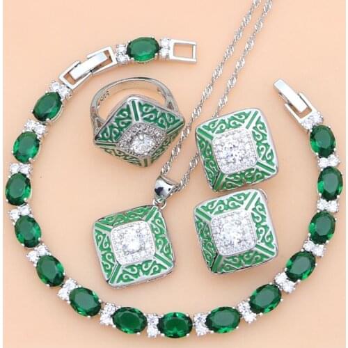 Green Lucite White Zircon Silver 925 Bridal Costume Jewelry Sets For Women Earrings/Pendant/Ring/Stones Bracelet/Necklace Set