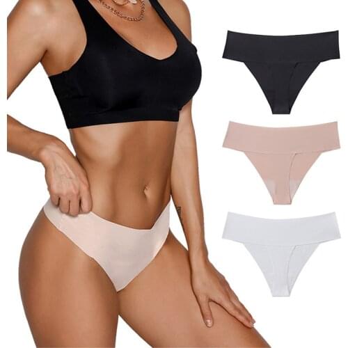 Women Seamless Ice Silk Underwear Low Waist Thongs T-Back Comfort Cotton Crotch Solid Color G-string Breathable Ladies Lingerie