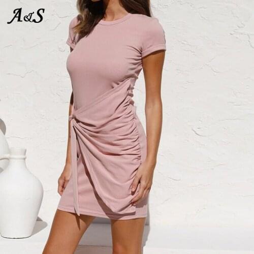 Anbenser O-neck Solid Mini Dress Women Summer Short Sleeve LaceUp Dresses Ladies Patchwork High Waist Style Cotton Vestido Mujer