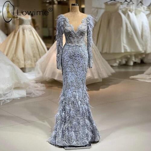 Dubai Long Sleeve Evening Dresses Pearls Beading Feather Floor Length Robe De Soiree Luxury Mermaid Formal Dress