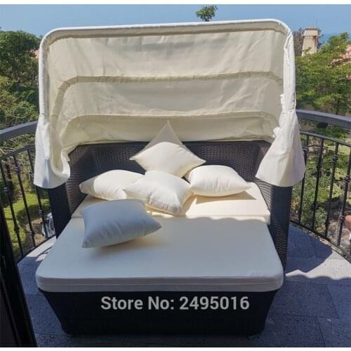 2pcs Metal frame Patio PE Rattan Wicker Sectional sofa love seater Sunbed outdoor Furniture Set with cushion, canopy