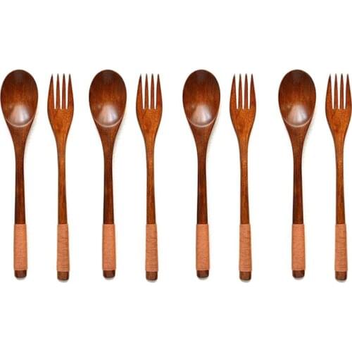 8 Pcs Wooden 9 inchJapanese Spoon Fork Set Kitchen Tableware Natural Wood Cutlery Wooden Dinner Cutlery Set