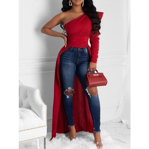Solid One Shoulder Dip Hem Blouse Women Long Sleeve Skew Collar Asymmetrical Casual Blouses Tops