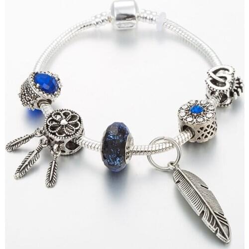 ANNAPAER Silver Plated Dreamcatcher Charm Bracelet Femme Bangle For Women Blue Crystal Heart Beads Fit Bracelets Jewelry B19027