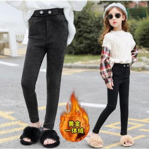 Children Jeans for Girls Autumn Winter Thick Warm Fleece Denim Trousers Teen Girls Fashion Skinny Pencil Pants