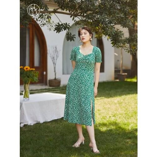 DUSHU Sexy Split Floral Print Green Long Dress Women Ruffle Summer Boho Plus Size Dress Short Sleeve Slim Vintage Beach Dress