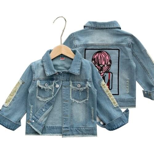Girls Denim Coat Baby Girl Clothes Spring Autumn Children Jeans Jacket Fashion Hole Sequins Little Beauty Design Kids Outerwear