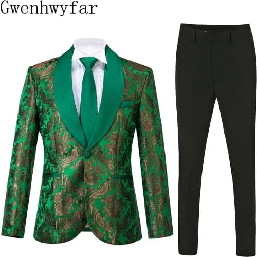 Gwenhwyfar Green Jacquard Men Suits for Wedding Slim Fit Groom Tuxedo Blazer Men Suit Groomsmen Mens Suit With Pants Prom Party