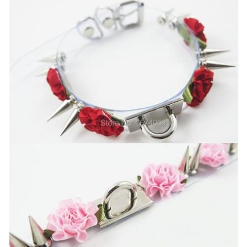 Cosplay 100% Handcrafted Harajuku Lolita Spiked Collar Rose Flower Choker Clear PVC Transparent Punk Sub Necklace